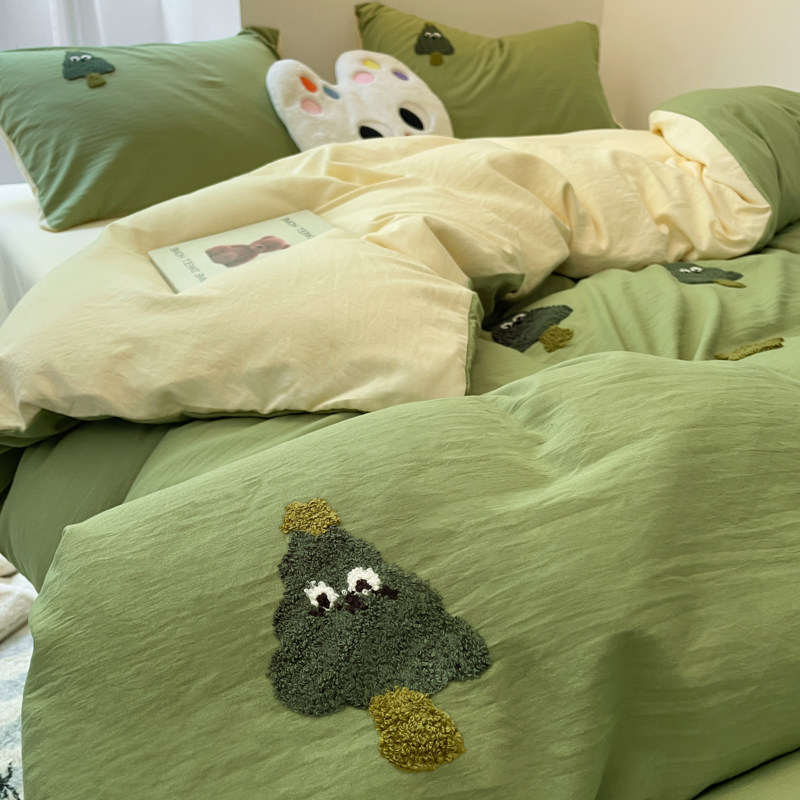 ins绿色小树毛巾绣水洗棉床上四件套纯色被罩学生宿舍床单三件套4
