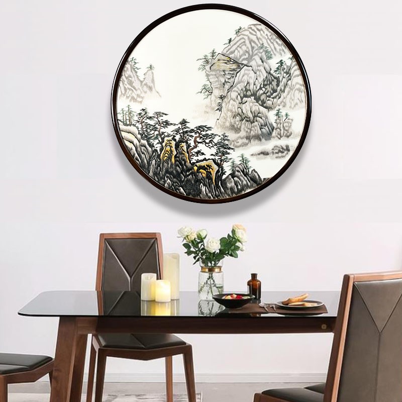 新中式苏绣圆形直径1米装饰画餐厅入户玄关过道成品山水刺绣挂画图片