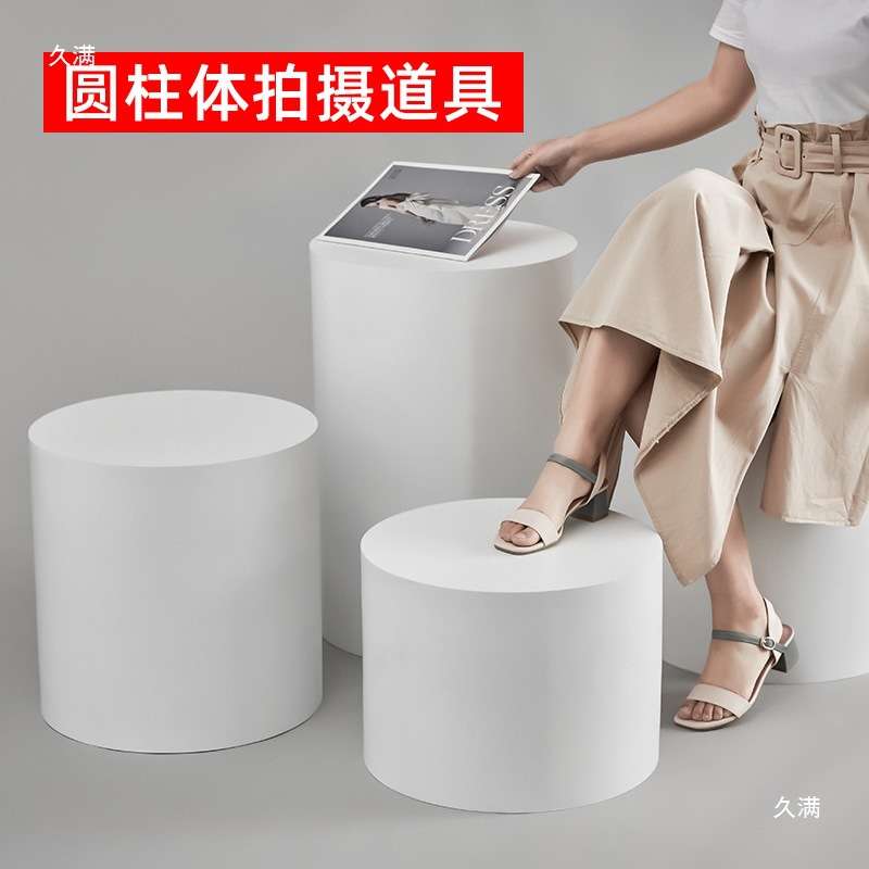 圆柱儿童拍照摄影道具烤漆展示台白色木墩子圆形底座摆件模特地台