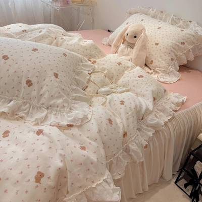 仙女款双层纱全棉四件套荷叶边纯棉被套花边公主风1.5m1.8米床品