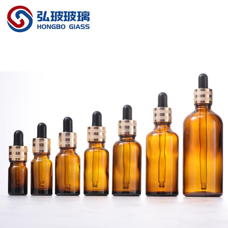 跨境现货5-100ml茶色沙金圈玻璃滴管瓶精油瓶精华液瓶原液瓶