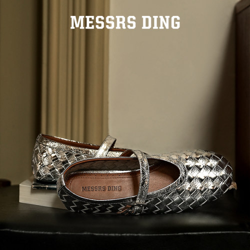 MESSRSDING金银色编织玛丽珍单鞋
