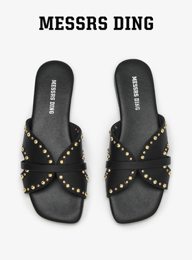 MD女鞋·海伦·平底铆钉真皮交叉带一字拖时装凉拖凉鞋女时尚外穿