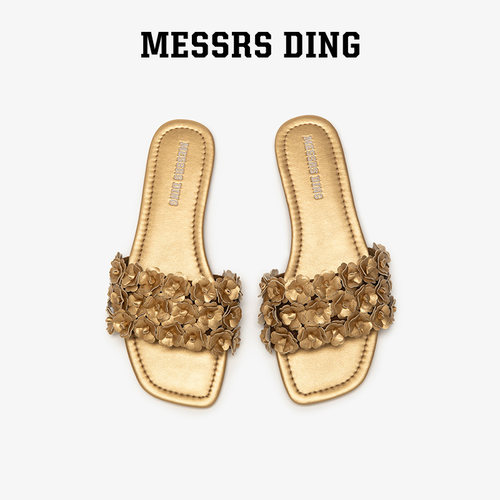 MESSRSDING金色花朵一字拖女外穿
