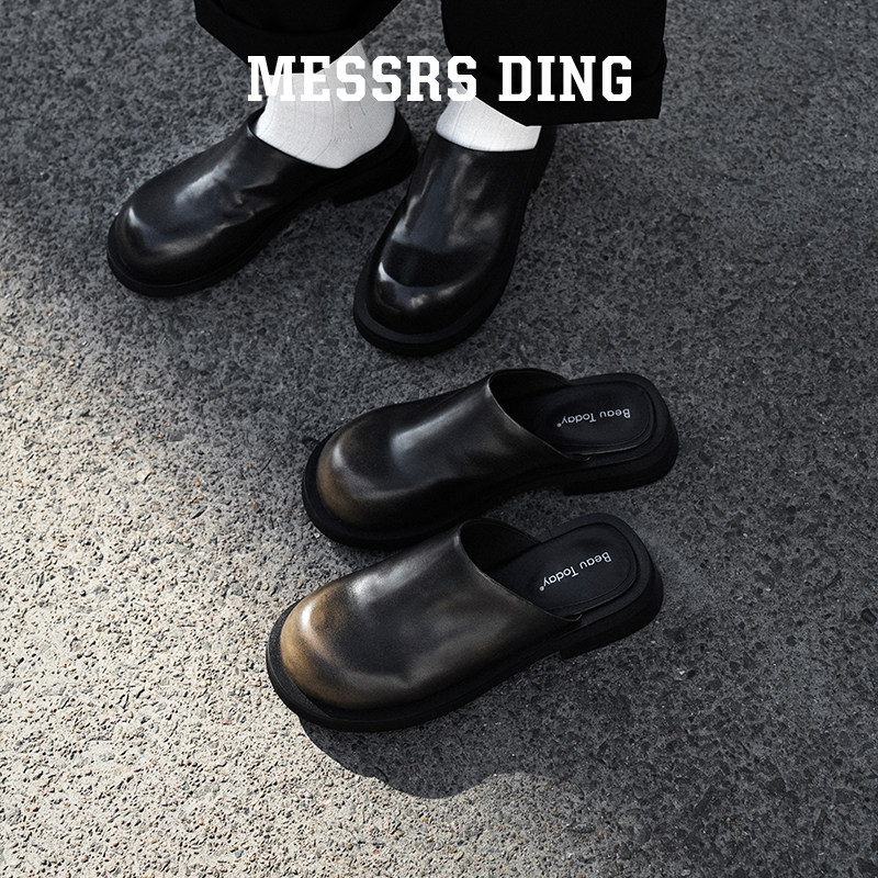 MD女鞋·黑金·复古穆勒拖鞋外穿大头擦色包头半拖女黑色厚底拖鞋