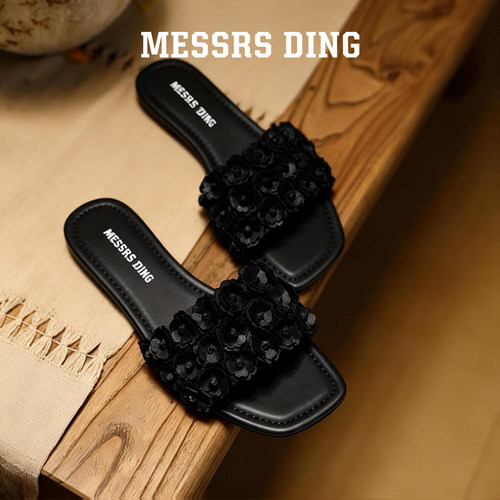 MESSRSDING黑色花朵一字拖女外穿