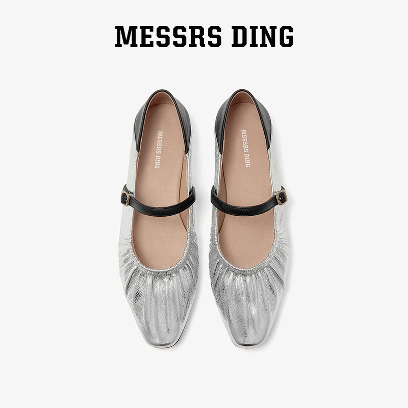 MESSRSDING银色方头一字带扣单鞋