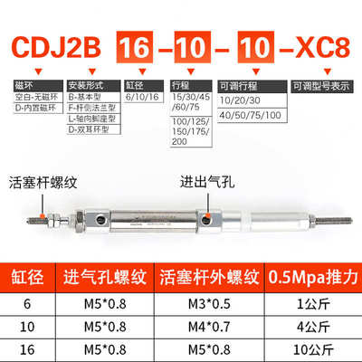 星辰气动不锈钢迷你气缸CDJ2B-10/16-15/30/50/60/75/100-125可调