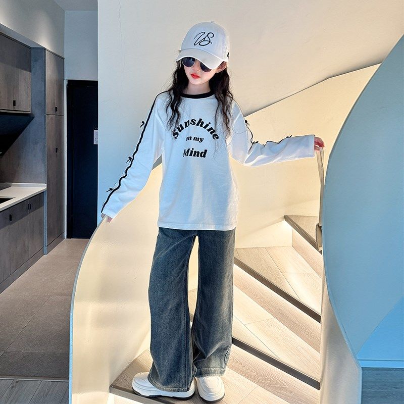 女童牛仔裤秋装2024新款儿童宽松阔腿裤子女大童秋季百搭高腰长裤