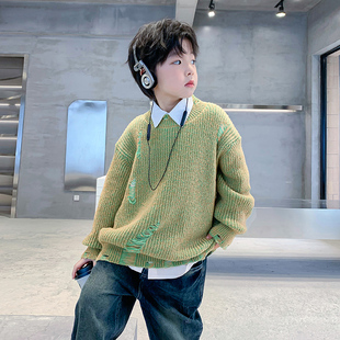 男童秋冬装紫色半高领破洞加厚毛衣2023新款儿童男孩冬季针织衫潮