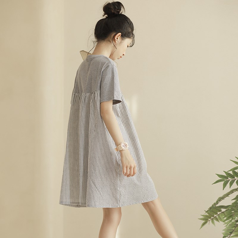 女童短袖连衣裙夏装2024新款洋气中大儿童条纹T恤裙宽松休闲裙子