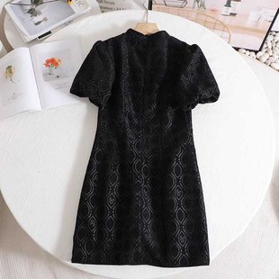 立领斜门襟盘扣黑色提花旗袍 新中式 A542 连衣裙新款