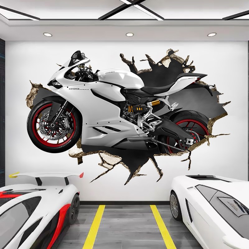汽车贴画墙贴背景墙装饰3D立体穿墙摩托机车自粘卧室创意墙画贴画