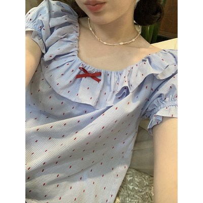 PtonUmi 蓝莓少女 蓝色红波点花边领短袖衬衫女复古显瘦短款上衣