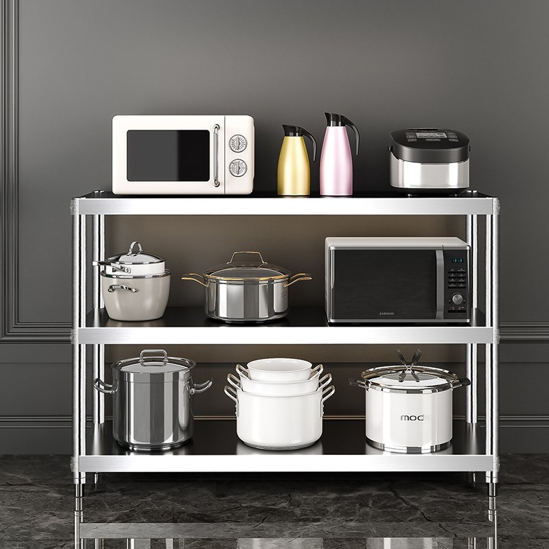 厨房置物架不锈钢货架橱柜微波炉收纳三层落地60长70/80/90cm1米