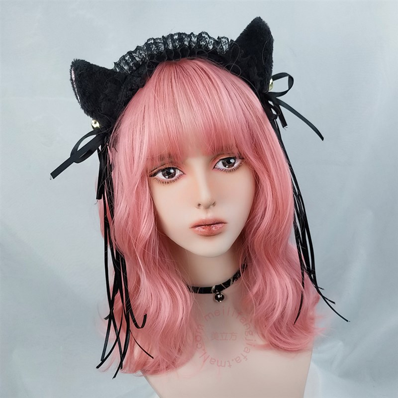 粉色中长卷发假发女锁骨发中长卷发蛋卷头大波浪微卷lolita樱花粉