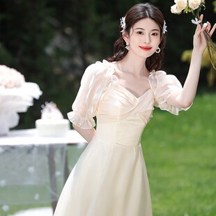 香槟色伴娘服2024新款秋仙气质主持人晚礼服18岁成人礼礼服裙简约