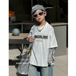 布芮欧童装2024春季新款男女童假两件卫衣中大童上衣长袖T恤35997