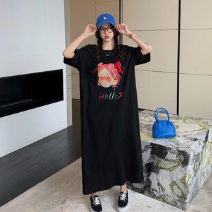 微胖女生连衣裙女夏季新款胖mm大码短袖t恤裙宽松及踝纯棉长裙子