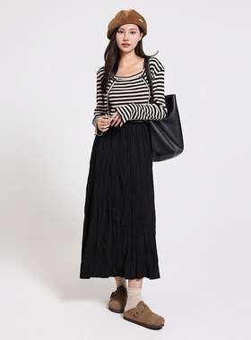 记忆的起点连衣裙套装2024秋季新条纹针织衫吊带拼接裙68TQ83120