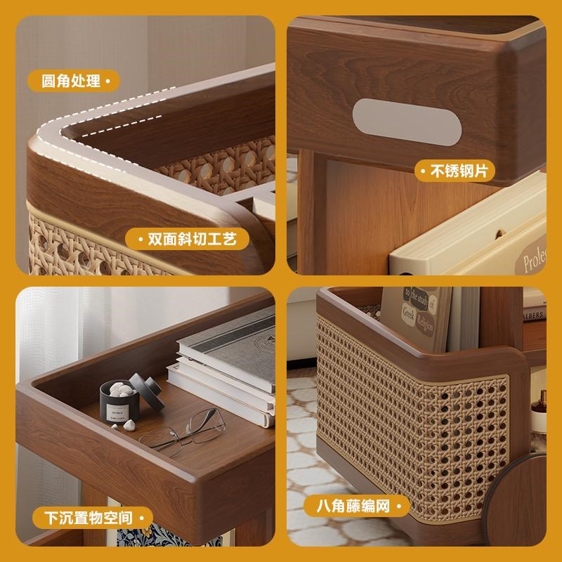 中古风实木升降巴士边几沙发边柜侧边柜榉木可移动小推车旋转茶几