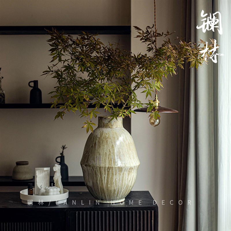 景德镇侘寂风粗陶打孔花器复古禅意大肚子花瓶新中式奶油水培器皿