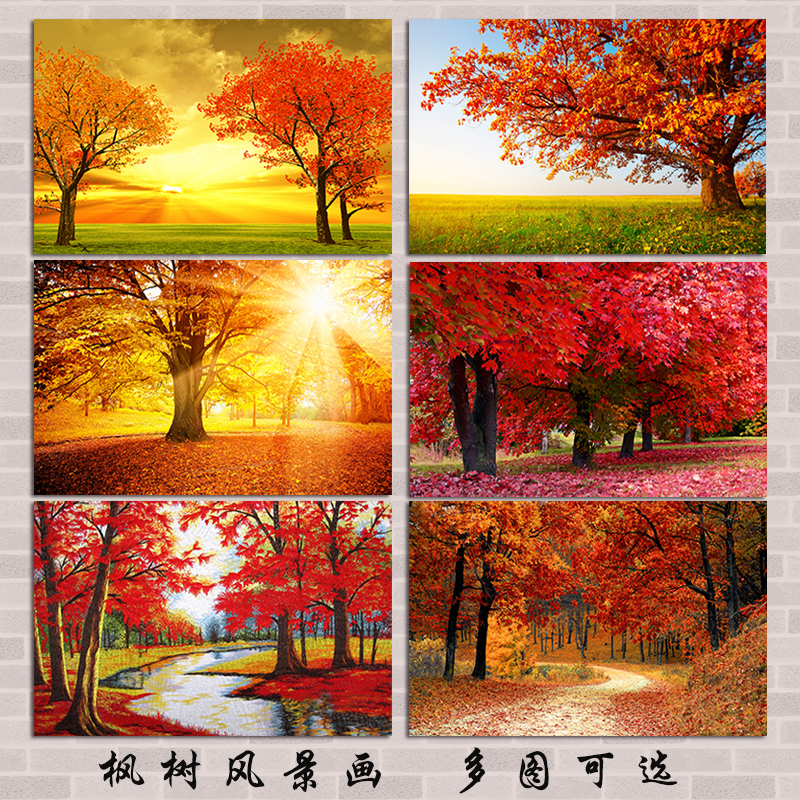 阳光树木森林风景画红枫林红枫树叶装饰画鸿运当头客厅背景墙贴画图片