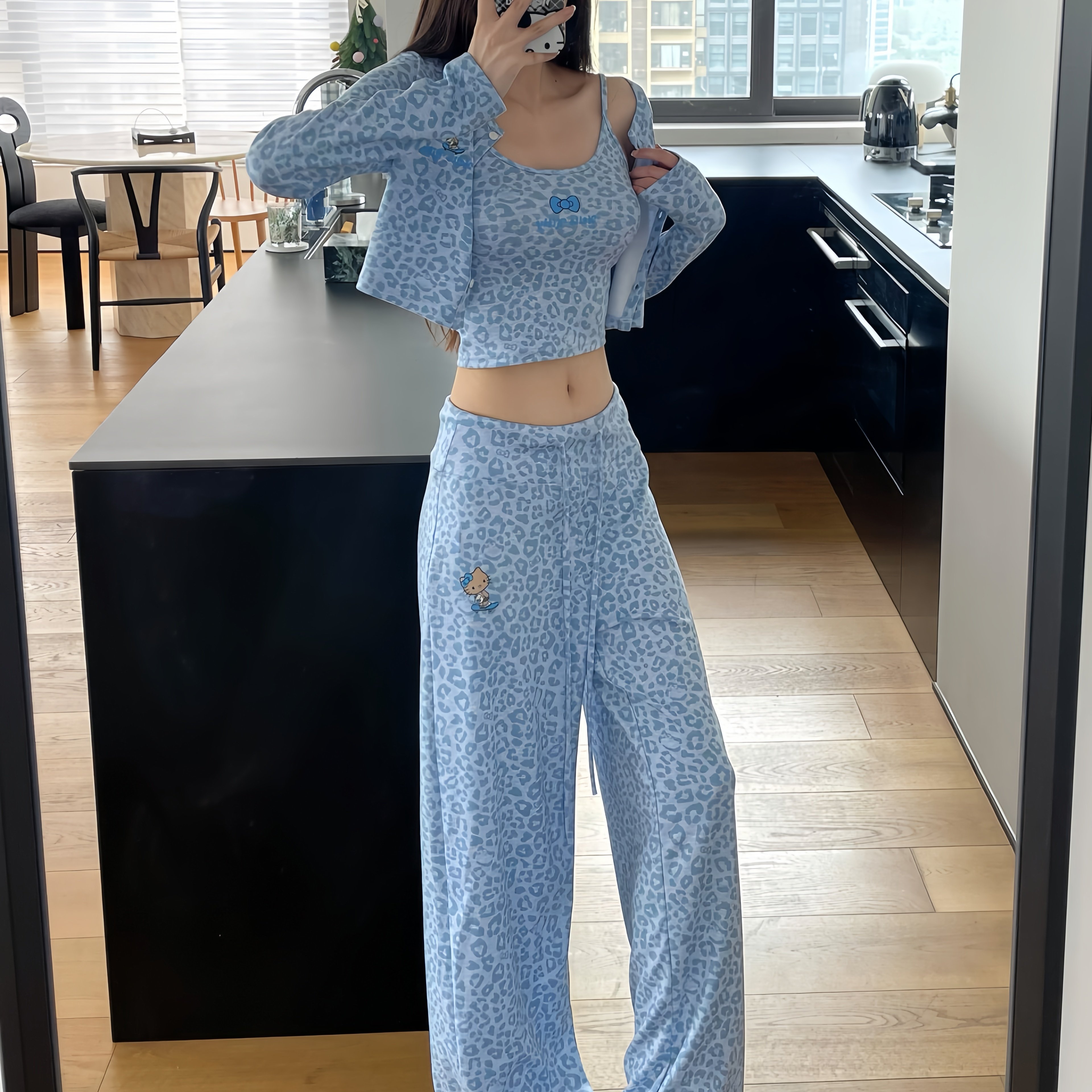 秋冬甜酷豹纹kitty睡衣三件套