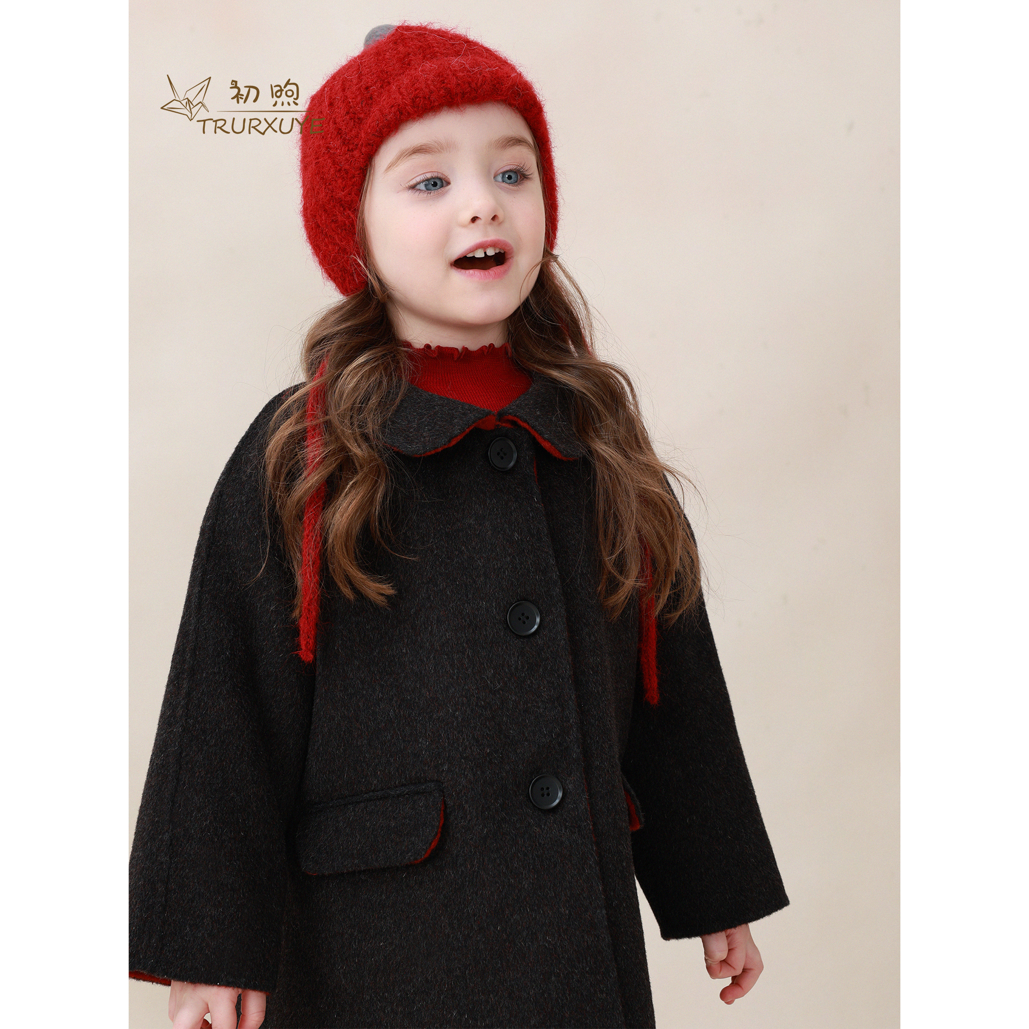 初煦冬季新款复古撞色双面呢大衣