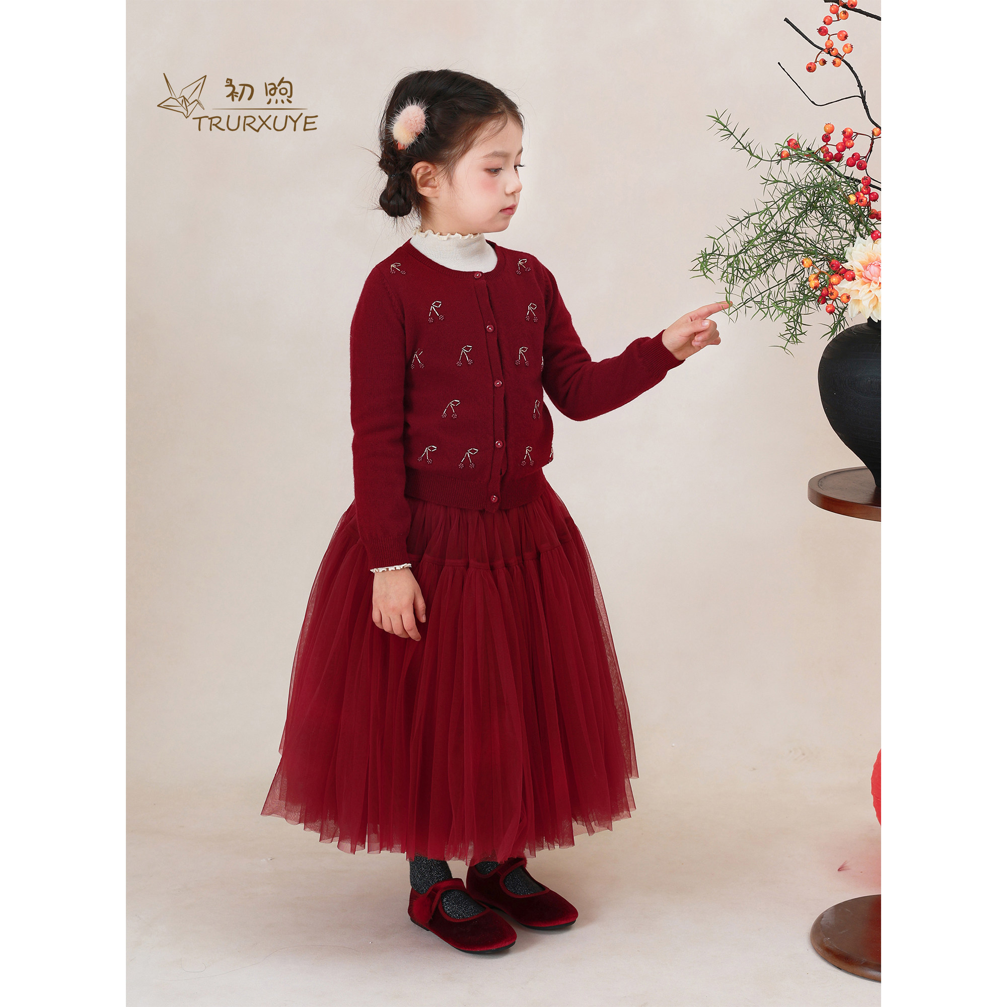 复古秋冬手工钉制樱桃串珠开衫