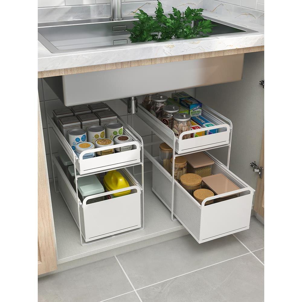 橱柜收纳筐厨房下水槽置物架抽屉式滑转角轨拉篮卫生间深柜推拉篮