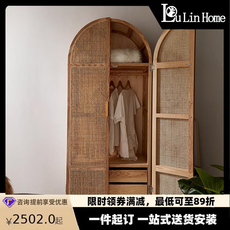 ins简易藤编艺术柜子现代简约实木框架衣柜北欧民宿卧室大衣橱