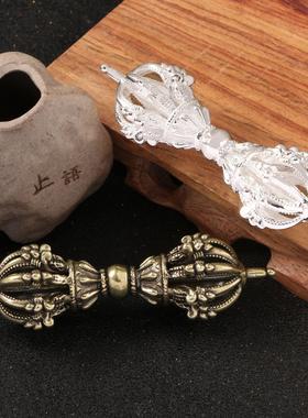 西藏密宗法器九股金刚杵降魔杵摆件手工古黄铜随身物件古铜器收藏