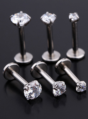 亚马逊钛钢穿刺饰品带钻锆石内牙唇钉镶钻唇环长杆耳钉耳环