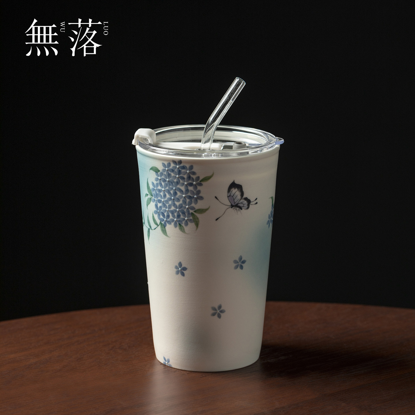 无落 手绘蝶隐紫阳直饮杯高颜值陶瓷吸管喝水杯小清新家用随身杯图片
