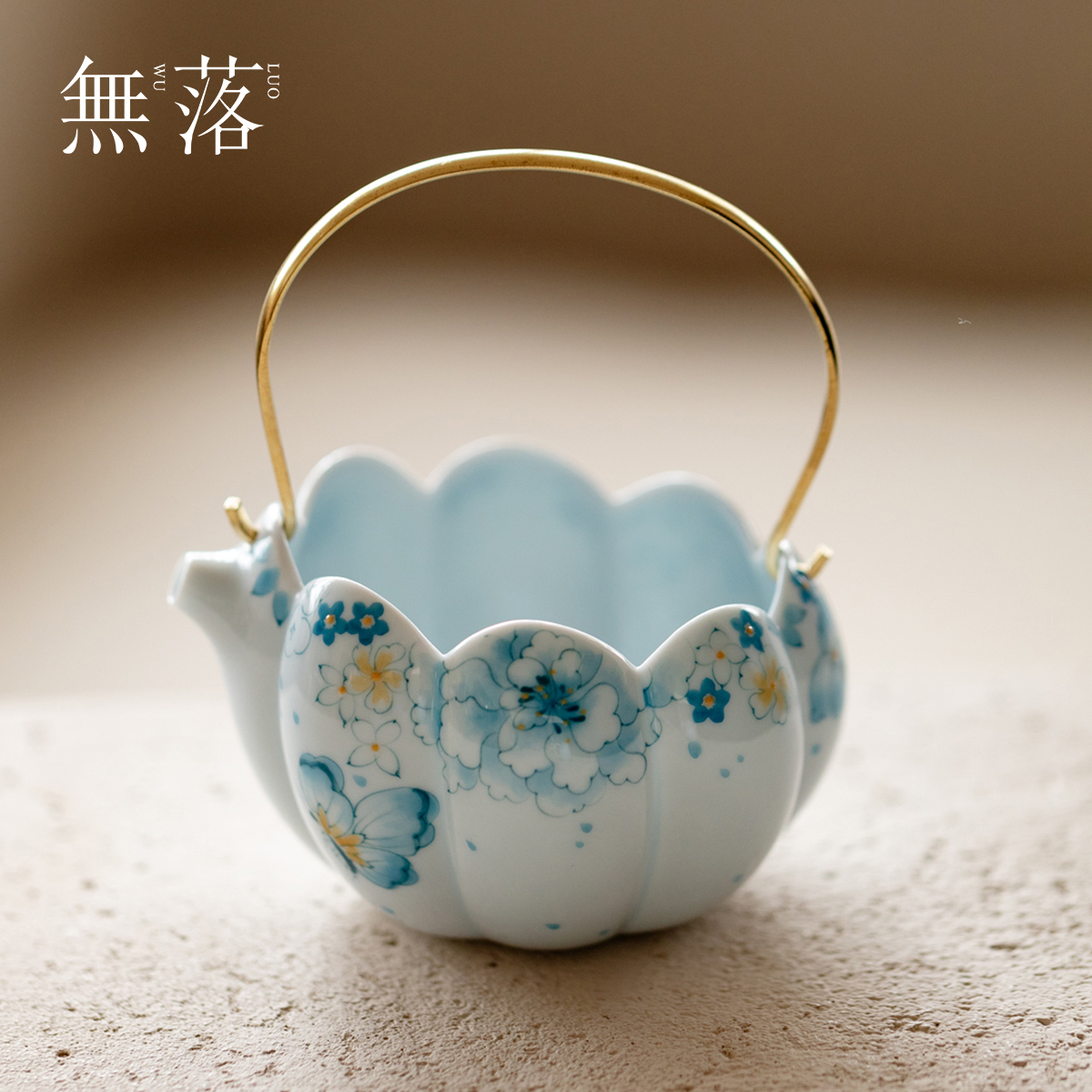 无落景德镇青花手绘蝶恋花瓣公道杯铜提梁把手分茶器功夫茶具茶海