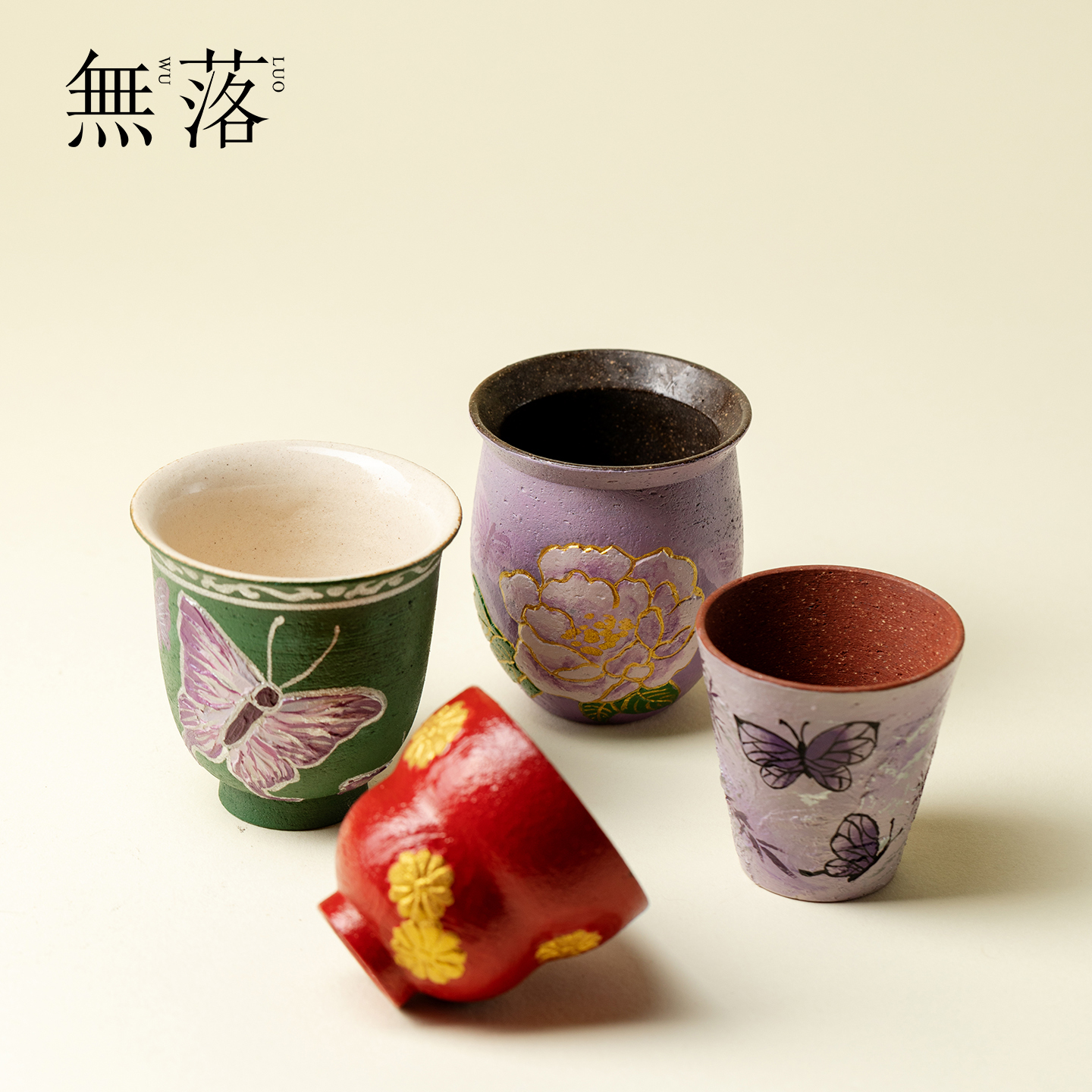 山几由大漆金莳绘蝴蝶茶杯高端景德镇陶瓷创意主人杯纯手绘品茗杯