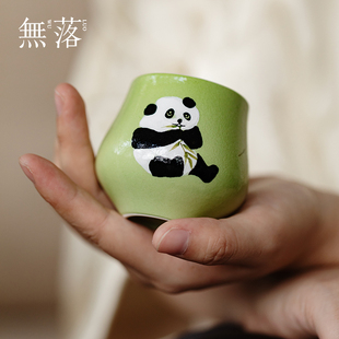 纯手绘粉引熊猫戏竹系列家用主人杯客杯品茗杯功夫茶具雅器 无落