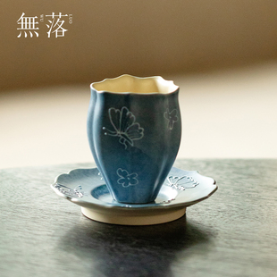 无落手绘蝴蝶陶瓷茶杯新中式复古品茗杯高颜值手工女士主人杯单杯