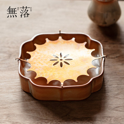 无落复古风柴烧窑变蓄水壶承台湾志野烧铜盖做旧干泡盘壶托茶配件