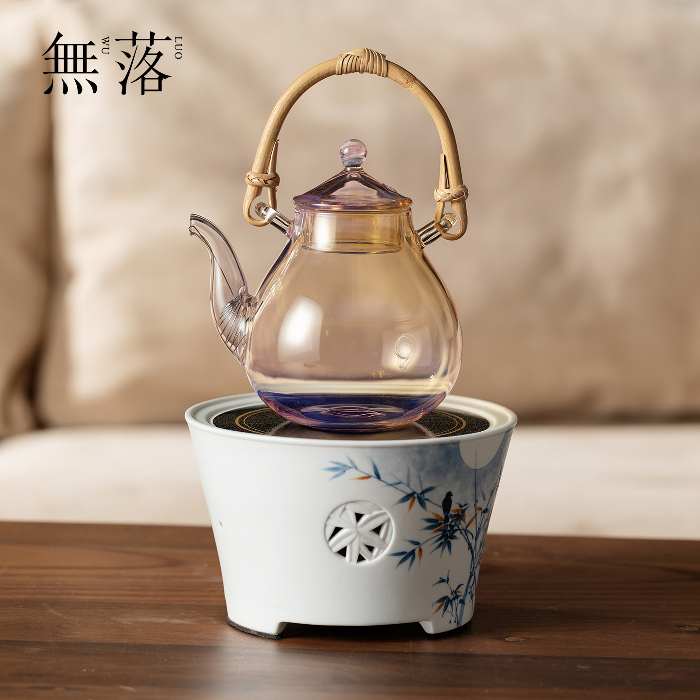 无落全手工璃影黄色提梁壶手绘竹林禾风电陶炉家用茶具煮茶炉套装