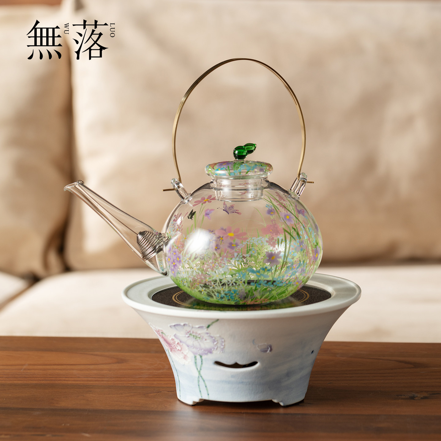 无落 精致手绘玻璃煮茶炉漫花浅予铜提梁壶家用高端透明茶具套装