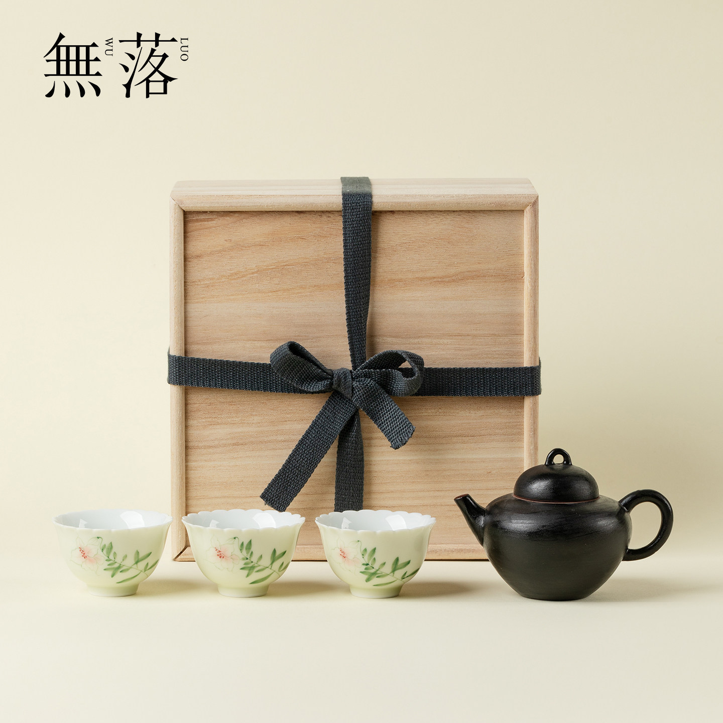 无落 全手工诧寂黑洒金茶壶礼盒装一壶三杯手绘茶杯木盒送礼套装