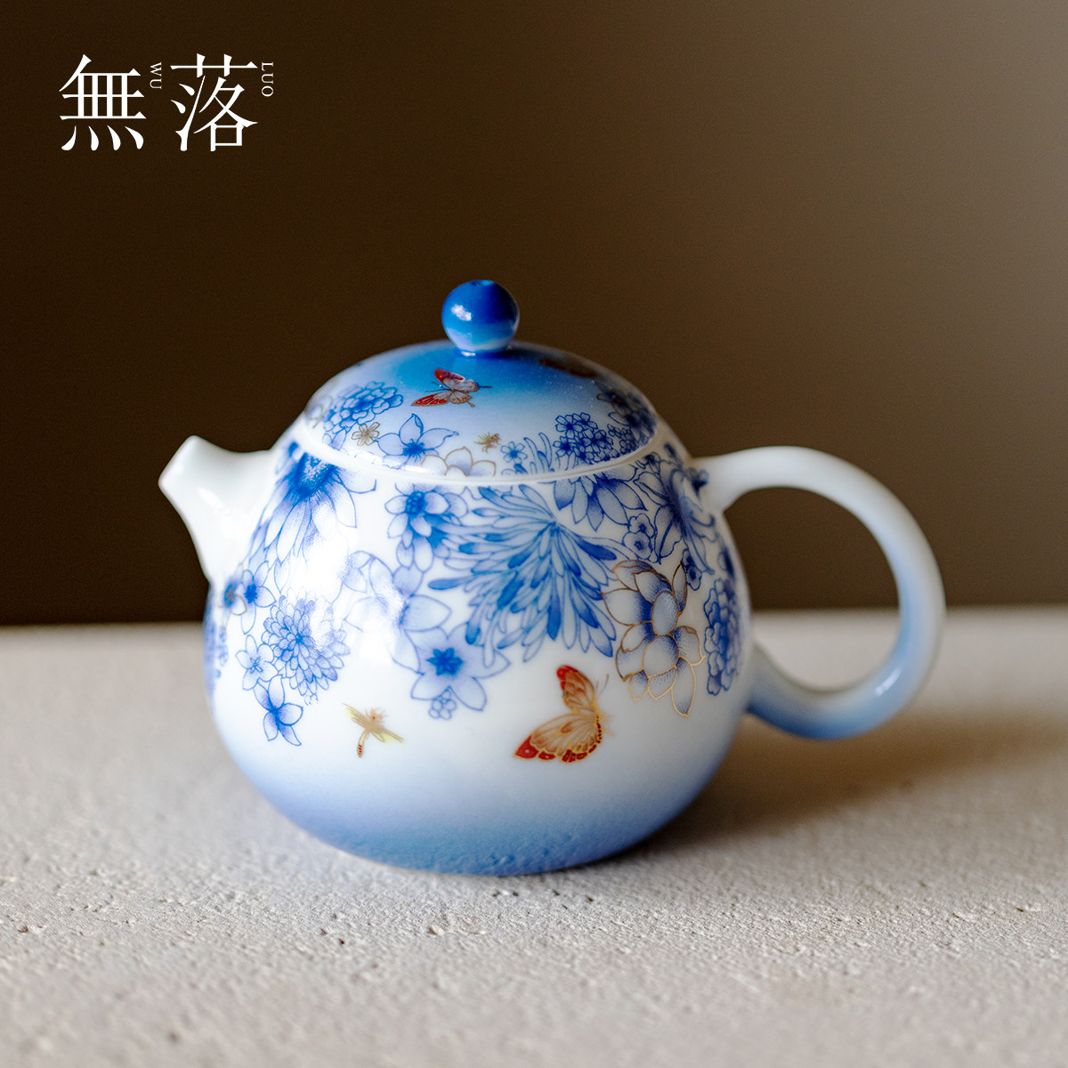 无落手绘青花蝶恋花描金茶壶高端陶瓷泡茶器功夫茶具原创手工单壶