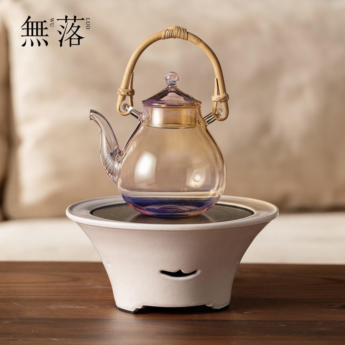 无落 全手工玻璃煮茶炉桃夭粉清予电陶炉套装提梁壶茶具茶道配件