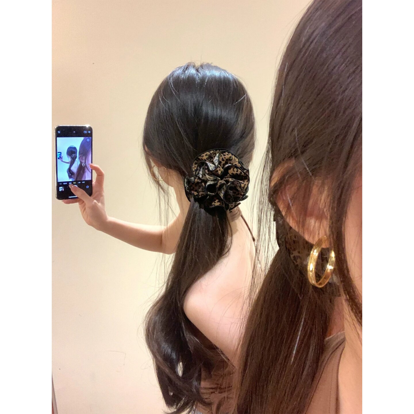 豹纹大号香蕉夹高级感半扎发