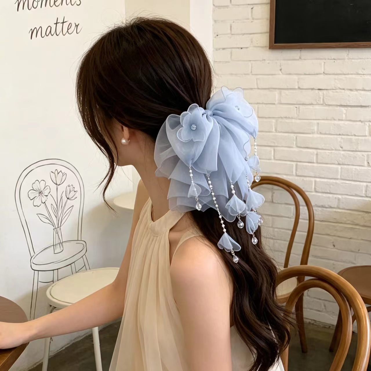 汉服超仙蓝色花瓣蝴蝶结抓夹