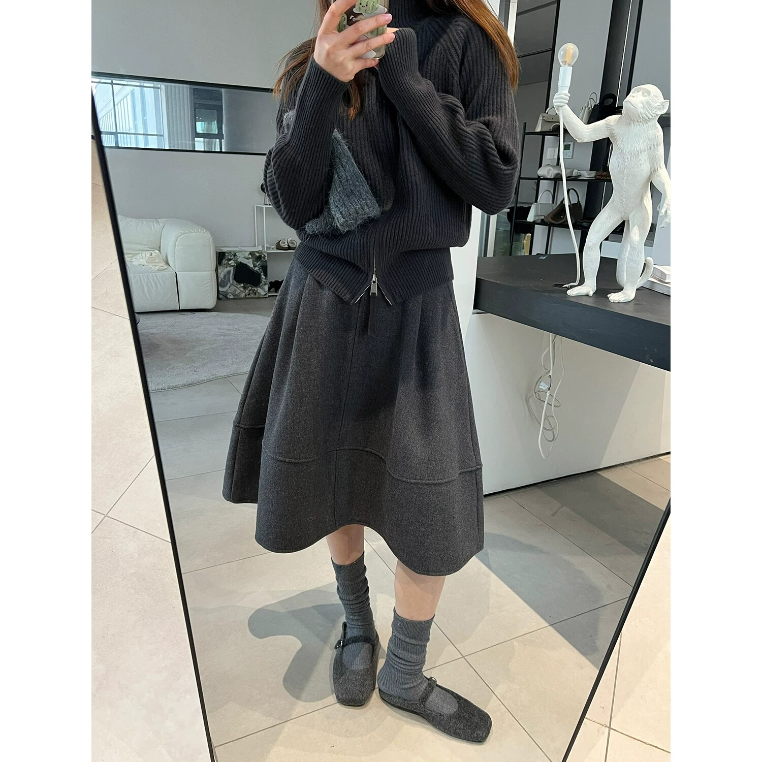 秋冬季温柔气质毛呢花苞半身裙女中长款显瘦百搭垂感高腰A字伞裙