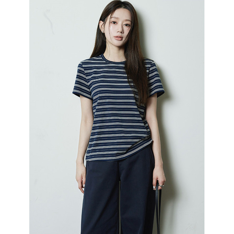 miu系条纹短袖T恤女夏季高级感宽松休闲显瘦百搭圆领正肩上衣薄款
