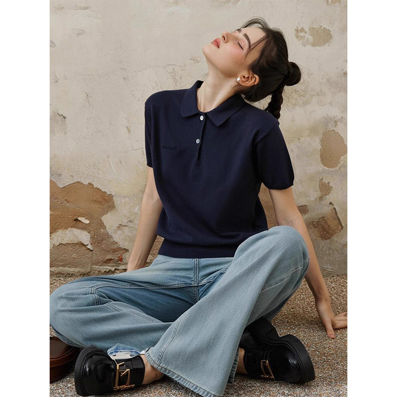 美式学院风冰丝polo衫针织短袖女